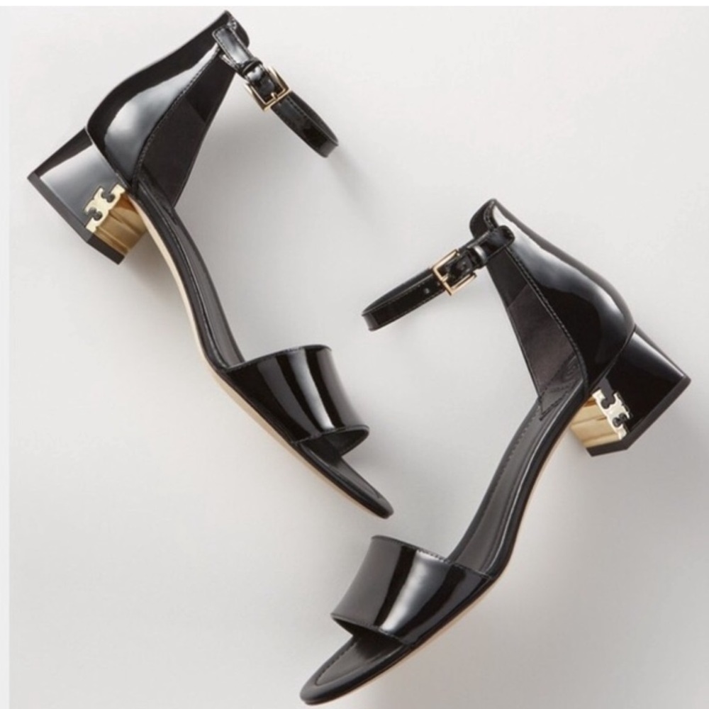 TORY BURCH Finley Black Patent Leather Gold T Logo Open Toe Ankle Strap 10 EC